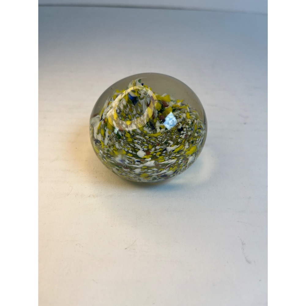 Vintage Hand Blown Glass Paperweight Yellow White Confetti Frit Art Glass 2.5"